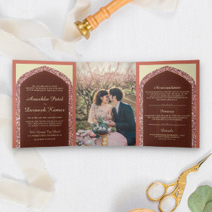 Convite Com Dobra Tripla Poeira de Coral Rosa Dourado Brilho Casamento Indi