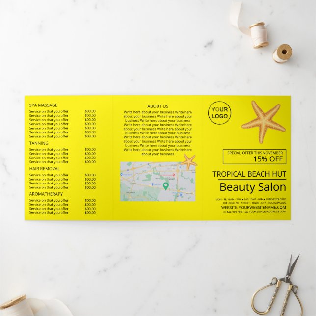 Convite Com Dobra Tripla Praia Starfish, Beauty Salon Tri-Fold Flyer (Fora)