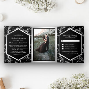 Convite Com Dobra Tripla Preto e Prata Florescem Rodopio Foto de Casamento