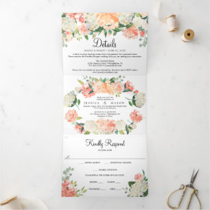 Convite Com Dobra Tripla Pretty Peach Floral Wedding Tri-Fold Invitations