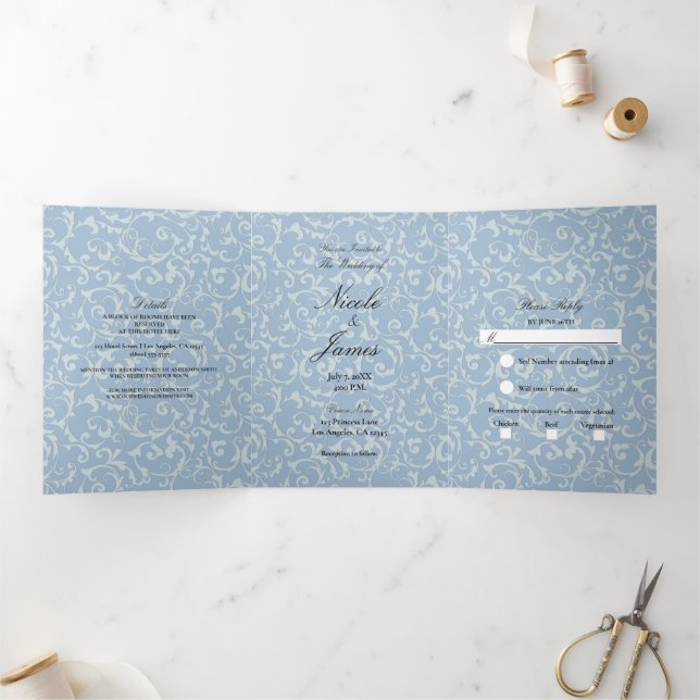 Convite Com Dobra Tripla Princesa Redemoinho Azul Cinza Elegante Casamento  (Dentro)