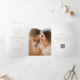 Convite Com Dobra Tripla Pulseira de Ouro Monograma Código QR Casamento Ele