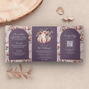 Convite Com Dobra Tripla Pumpkin Floral Código QR Pálido Casamento Púrpura