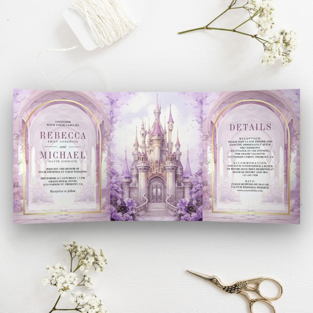 Convite Com Dobra Tripla Purple Floral Fairytale Castle All in One Wedding (Criador carregado)