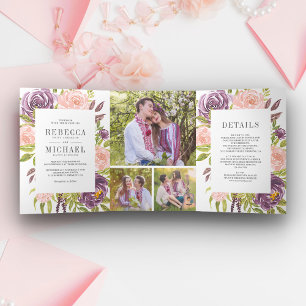 Convite Com Dobra Tripla Púrpura Poeira Rústica Rosa Floral Casamento
