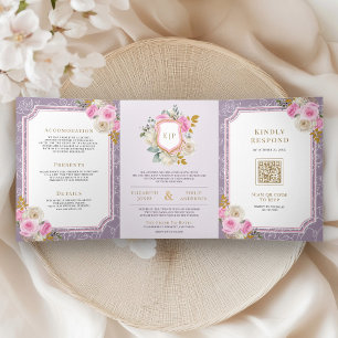 Convite Com Dobra Tripla Púrpura Rosa, Floral Tudo em Um Casamento de Crest
