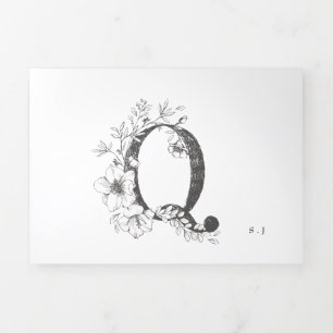 Convite Com Dobra Tripla 'Q' Monograma Belo Casamento Floral Escrito