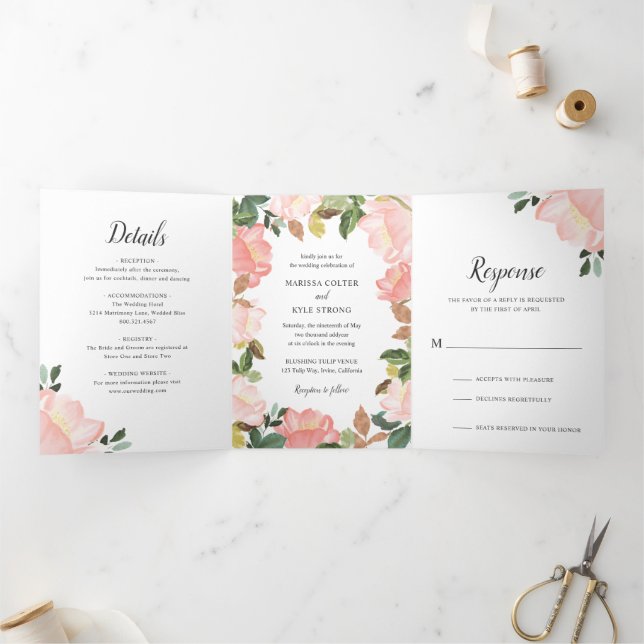 Convite Com Dobra Tripla Quadro Floral Rosa Elegante Casamento (Dentro)