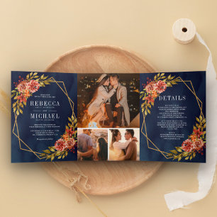 Convite Com Dobra Tripla Quadro Floral Rústico Azul Naval Laranja Queimada