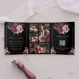 Convite Com Dobra Tripla Quadro Floral Sombrio Escuro Código QR Preto Casam