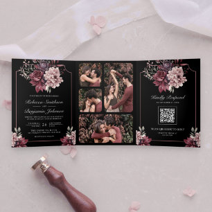 Convite Com Dobra Tripla Quadro Floral Sombrio Escuro Código QR Preto Casam