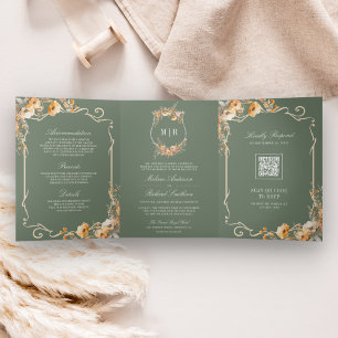 Convite Com Dobra Tripla Queda de Código QR de Flor Silvestre de Crista Ver