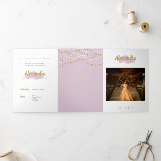 Convite Com Dobra Tripla Quinceanera Foto Puro De Açúcar (Fora)