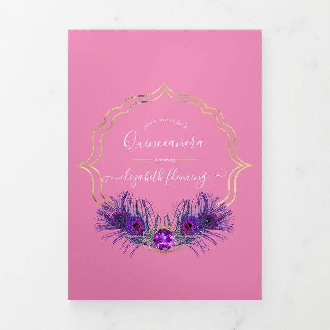 Convite Com Dobra Tripla Quinceañera rosa e Dourada Peacock (Cobrir)