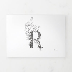 Convite Com Dobra Tripla 'R' Monograma Belo Casamento Floral Escrito