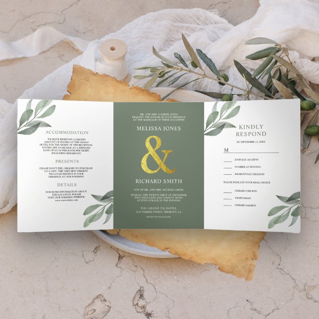 Convite Com Dobra Tripla Ramo de Folhas de Oliveira Verde Salvia Casamento  (Criador carregado)