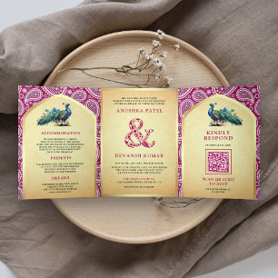 Convite Com Dobra Tripla Rani Rosa Paisley Pavão Indiano Código QR Casament