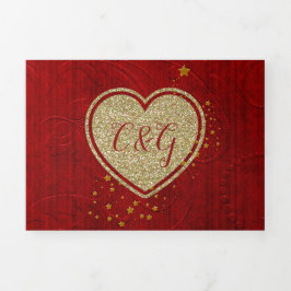 Convite Com Dobra Tripla Red Damask Dourado Heart All in One Wedding