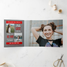 Convite Com Dobra Tripla Red Modern Block 5-Photo Graduation