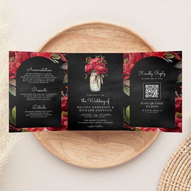 Convite Com Dobra Tripla Red Peony Mason Jar Código QR Casamento Carvões (Criador carregado)