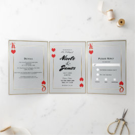 Convite Com Dobra Tripla Rei Dourado Vermelho e Rainha de Copas Casamento n