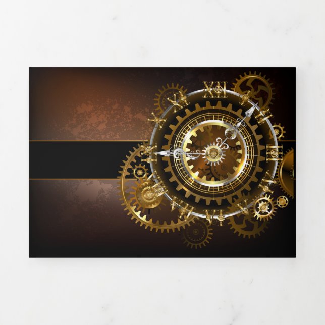 Convite Com Dobra Tripla Relógio steampunk com engrenagens antigas (Cobrir)