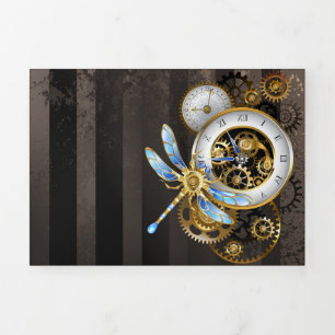Convite Com Dobra Tripla Relógio Steampunk com Libélula Mecânica