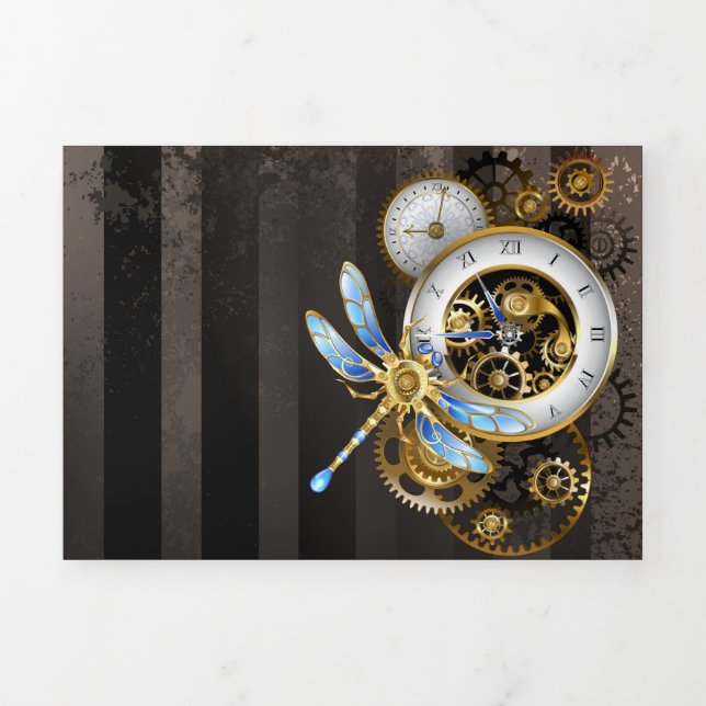 Convite Com Dobra Tripla Relógio Steampunk com Libélula Mecânica (Cobrir)