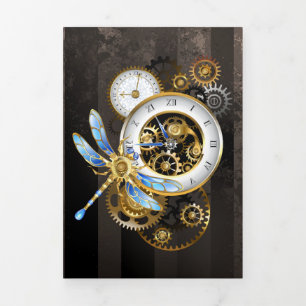 Convite Com Dobra Tripla Relógio Steampunk com Libélula Mecânica
