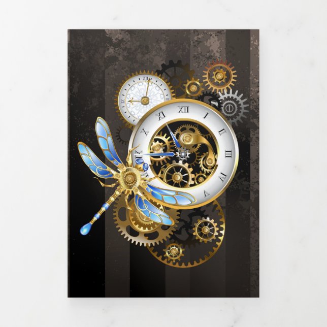 Convite Com Dobra Tripla Relógio Steampunk com Libélula Mecânica (Cobrir)