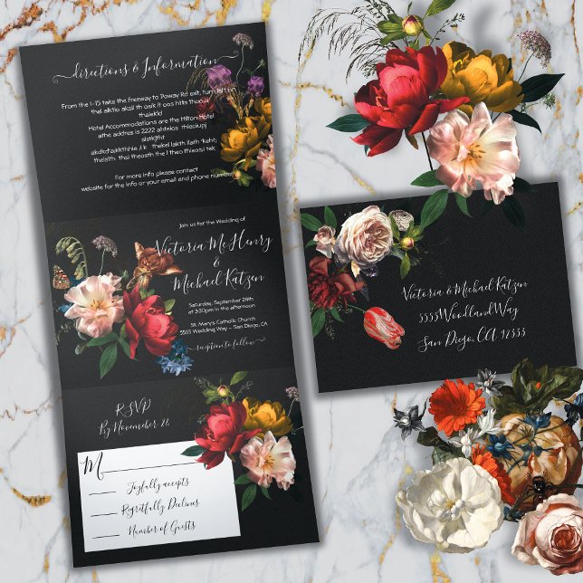 Convite Com Dobra Tripla Rembrandt Floral Dark & Moody Wedding (Criador carregado)