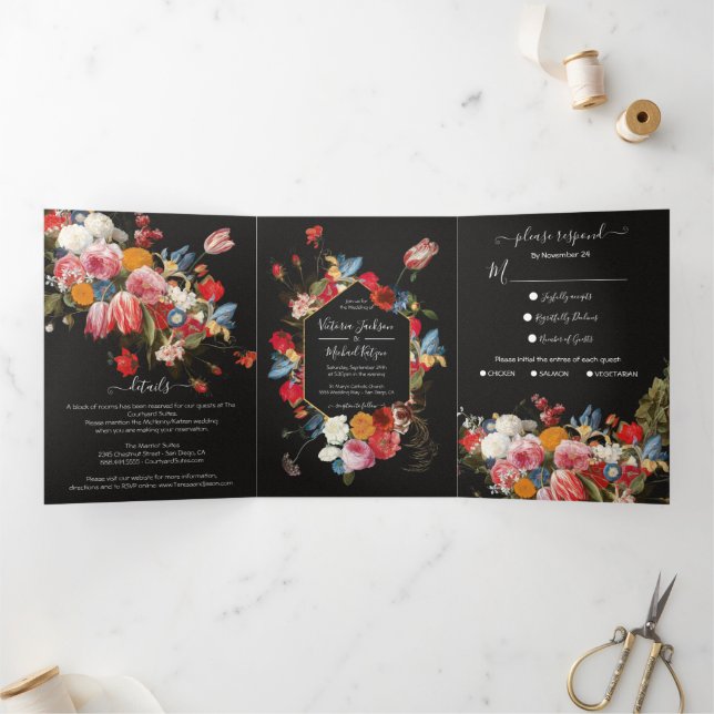 Convite Com Dobra Tripla Rembrandt Floral Dark & Moody Wedding Kessel (Dentro)