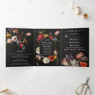 Convite Com Dobra Tripla Rembrandt Floral Dark & Moody Wedding Tri-Fold Inv