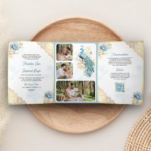 Convite Com Dobra Tripla Renda Floral Azul Suave Dourada Casamento Pavão In