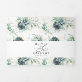 Convite Com Dobra Tripla Romântico Elegante Dourado Suculentos Casamento Ve