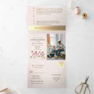 Convite Com Dobra Tripla Romântico Rosa Floral Foto Casamento