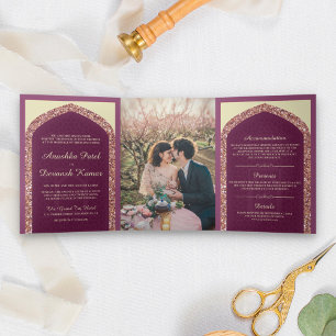 Convite Com Dobra Tripla Rosa Bege Dourado Brilhante Casamento Indiano