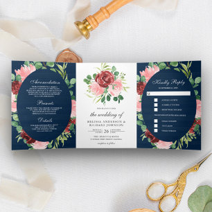Convite Com Dobra Tripla Rosa Bege e Floral Burgundy Marinho Madeira Casame