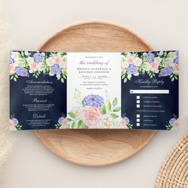 Convite Com Dobra Tripla Rosa Bege Rosa Hidrangea Azul Marinho Casamento (Criador carregado)