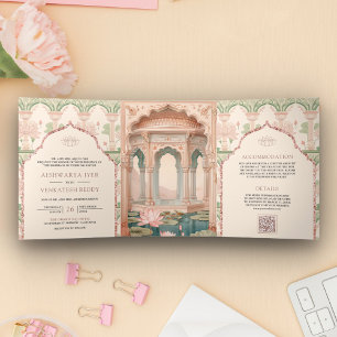 Convite Com Dobra Tripla Rosa Bege Verde Menta Jardim de Lótus Casamento In