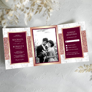 Convite Com Dobra Tripla Rosa Branco Mármore Dourado Brilho Magenta Casamen
