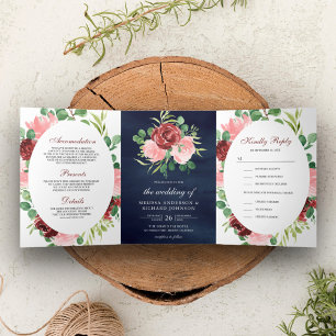 Convite Com Dobra Tripla Rosa Corado e Floral Borgonha 3 em 1 Casamento Azu