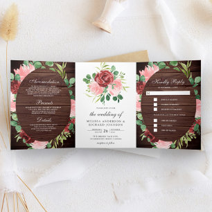 Convite Com Dobra Tripla Rosa Corado e Floral de Borgonha Celebração de Cas
