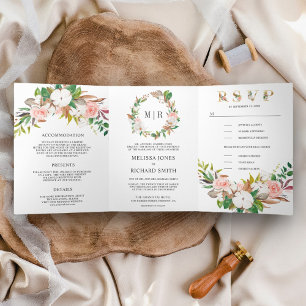 Convite Com Dobra Tripla Rosa Corado Floral Magnólia Algodão Branco Casamen