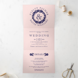 Convite Com Dobra Tripla Rosa de marinho do Vintage casamento cor-de-rosa
