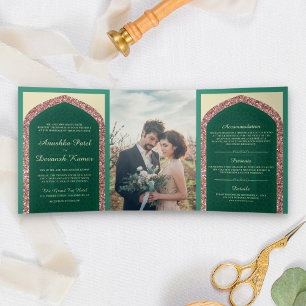 Convite Com Dobra Tripla Rosa Dourado Brilho Verde Menta Casamento Indiano