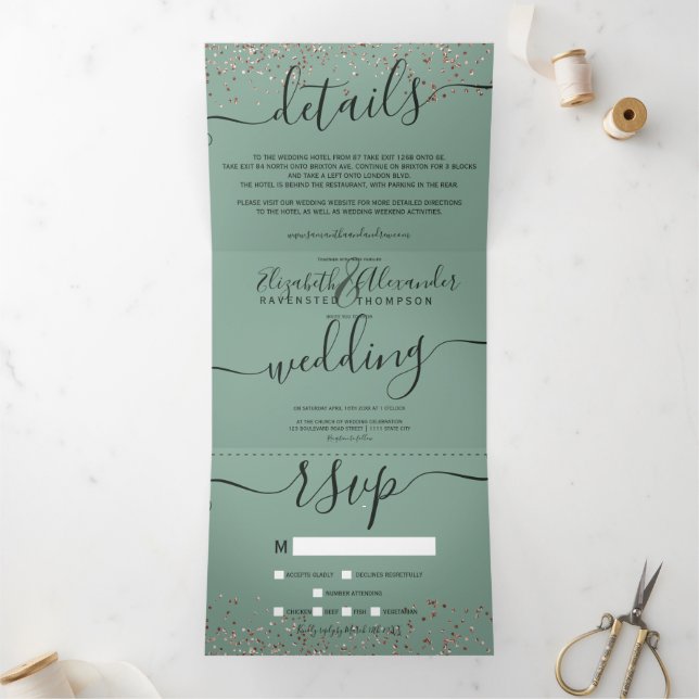 Convite Com Dobra Tripla Rosa dourado confete sage casamento chic verde (Dentro)