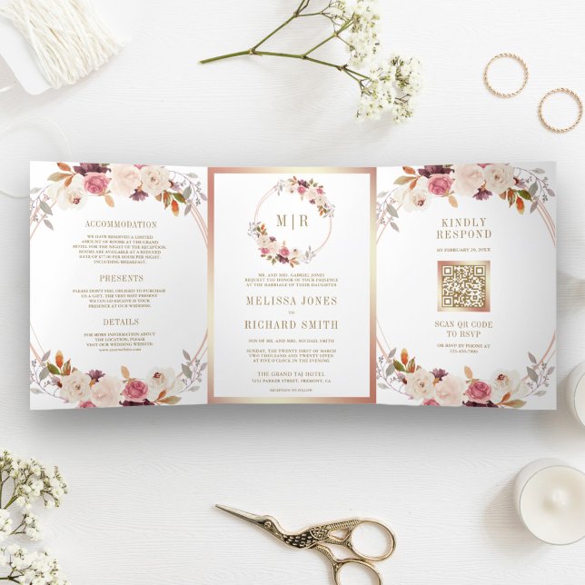 Convite Com Dobra Tripla Rosa Dourado Floral Código QR Casamento Rosa Empol (Criador carregado)