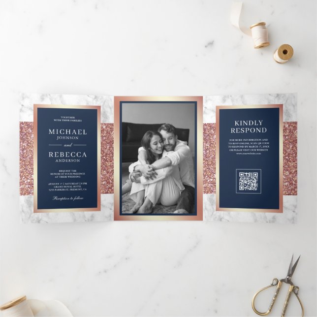 Convite Com Dobra Tripla Rosa Dourado Mármore Branco Azul Naval Código QR C (Dentro)
