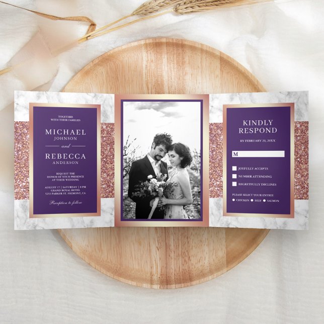 Convite Com Dobra Tripla Rosa Dourado Mármore Branco Glitter Violeta Casame (Criador carregado)